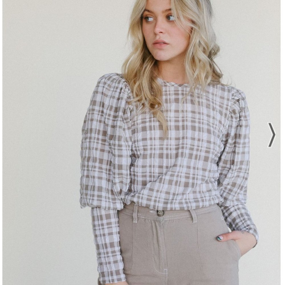 Just Female Hamilton Blouse in Neutral‎ Gingham Print Prairie Lagenlook Artsy
